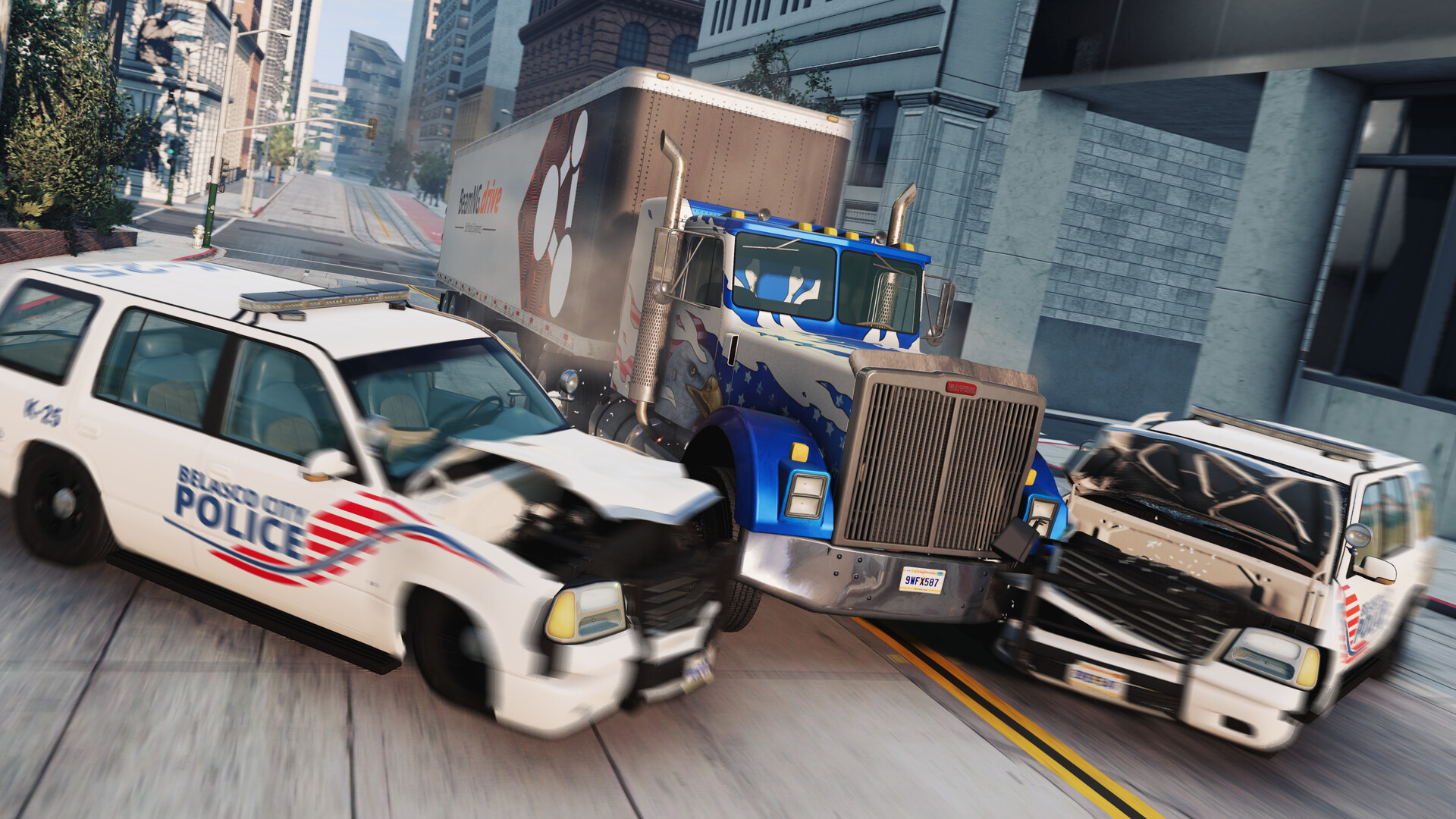 Impactante escena de una colisión frontal en BeamNG.drive mostrando la deformación realista del chasis y rotura de cristales en tiempo real.