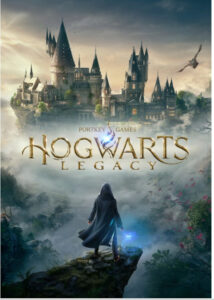 Portada oficial del juego Hogwarts Legacy para PC mostrando el escudo del colegio y un mago frente al castillo