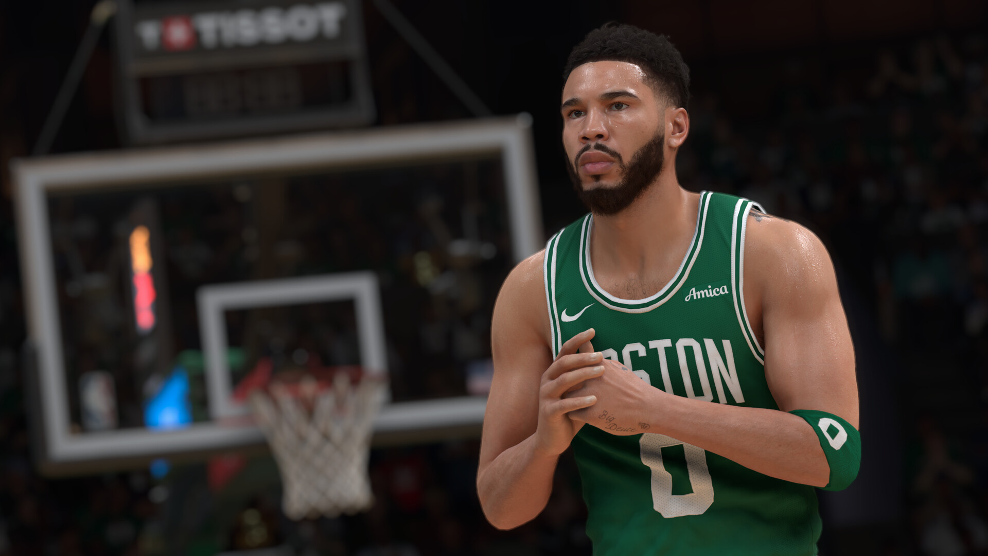 Primer plano de un jugador de la NBA realizando un mate potente sobre el aro con efectos de iluminación dinámica en NBA 2K25 PC.