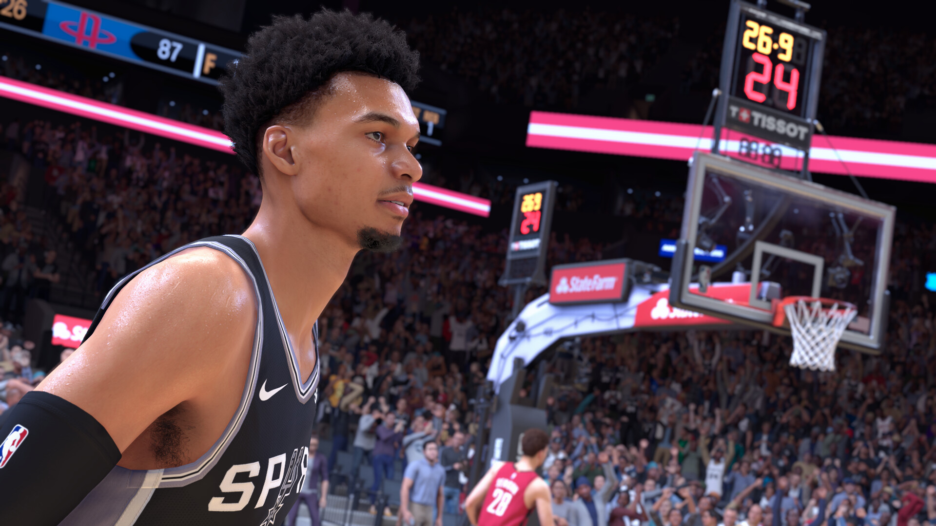 Detalle fotorrealista del rostro de un jugador estrella en NBA 2K25, destacando el sudor, la textura de la piel y la expresión facial durante un tiempo muerto.