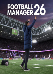 Portada oficial de Football Manager 26 para PC mostrando a un mánager de fútbol frente a un estadio moderno iluminado