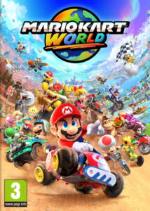 Portada oficial del juego Mario Kart World para PC mostrando a Mario y sus amigos en una carrera dinámica