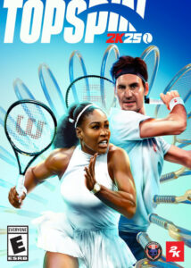 Portada oficial de TopSpin 2K25 para PC mostrando a estrellas del tenis en plena acción durante un partido profesional