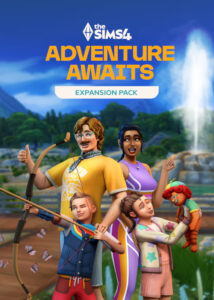 Portada colorida de The Sims 4 Adventure Awaits para PC mostrando a varios Sims con equipo de explorador en una selva tropical