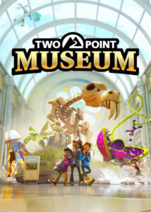 Portada de Two Point Museum para PC con personajes divertidos y fósiles de dinosaurio