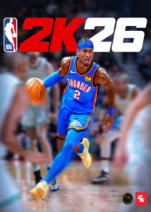Portada de NBA 2K26 con una estrella del baloncesto lanzando a canasta