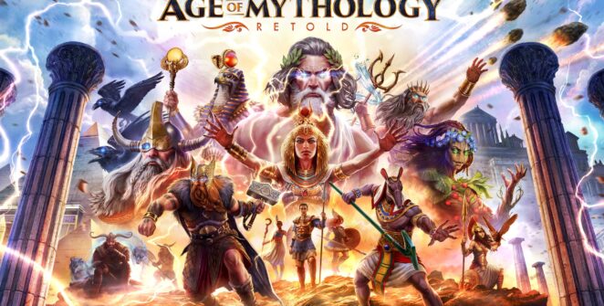 Ejército griego luchando con criaturas mitológicas en Age of Mythology Retold