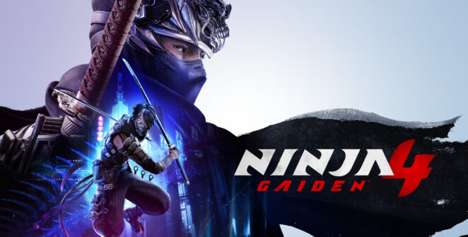 NINJA GAIDEN 4 – Ryu Hayabusa en posición de combate con una espada en un escenario oscuro y épico