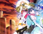 Digimon Story Time Stranger – protagonista junto a su Digimon frente a un portal temporal resplandeciente.