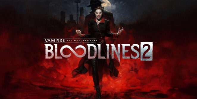 Vampire The Masquerade Bloodlines 2 – vampiro con ojos brillantes en una ciudad nocturna de Seattle.