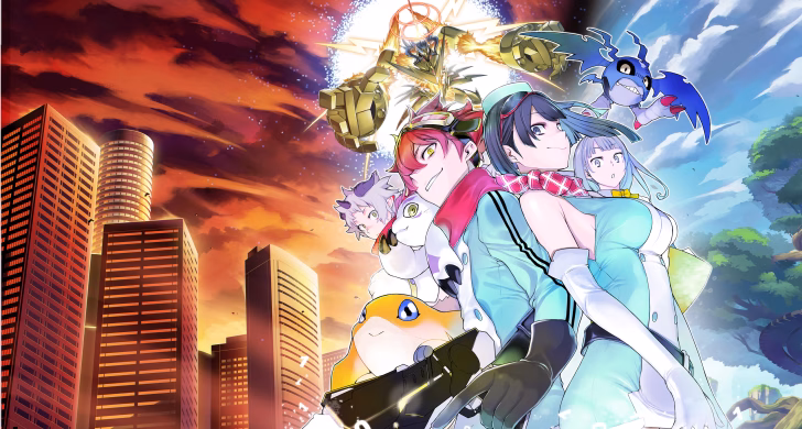 Digimon Story Time Stranger – protagonista junto a su Digimon frente a un portal temporal resplandeciente.