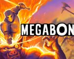 EGABONK – héroe gigante con estilo caricaturesco saltando sobre plataformas coloridas.