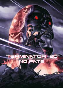 Un endoesqueleto T-800 con ojos rojos brillantes en la portada de Terminator 2D para PC