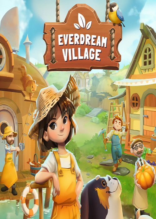 Portada de Everdream Village mostrando una aldea soleada con personajes alegres