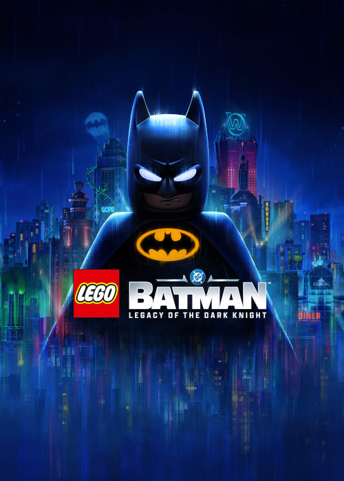 Batman y Robin de LEGO saltando hacia la pantalla con Gotham de fondo