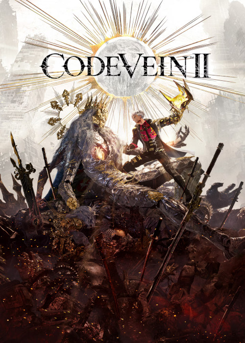 Portada de CODE VEIN II con un guerrero resucitado frente a un fondo gótico rojo intenso