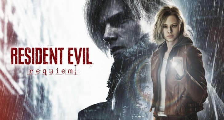Leon S. Kennedy frente a una mansión neogótica bajo la lluvia en Resident Evil Requiem