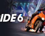 Motocicleta deportiva de RIDE 6 inclinada en una curva cerrada de un circuito profesional