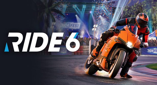 Motocicleta deportiva de RIDE 6 inclinada en una curva cerrada de un circuito profesional
