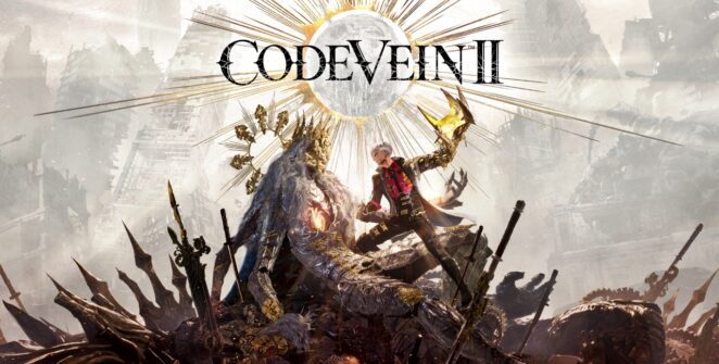 Portada de CODE VEIN II con un guerrero resucitado frente a un fondo gótico rojo intenso